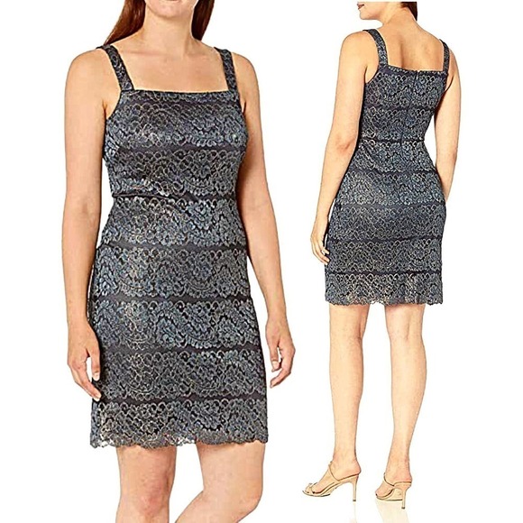 Jessica Howard NEW Lace Panel Sleeveless Sheath Dress Charcoal Gold Metallic 14P - Picture 1 of 13